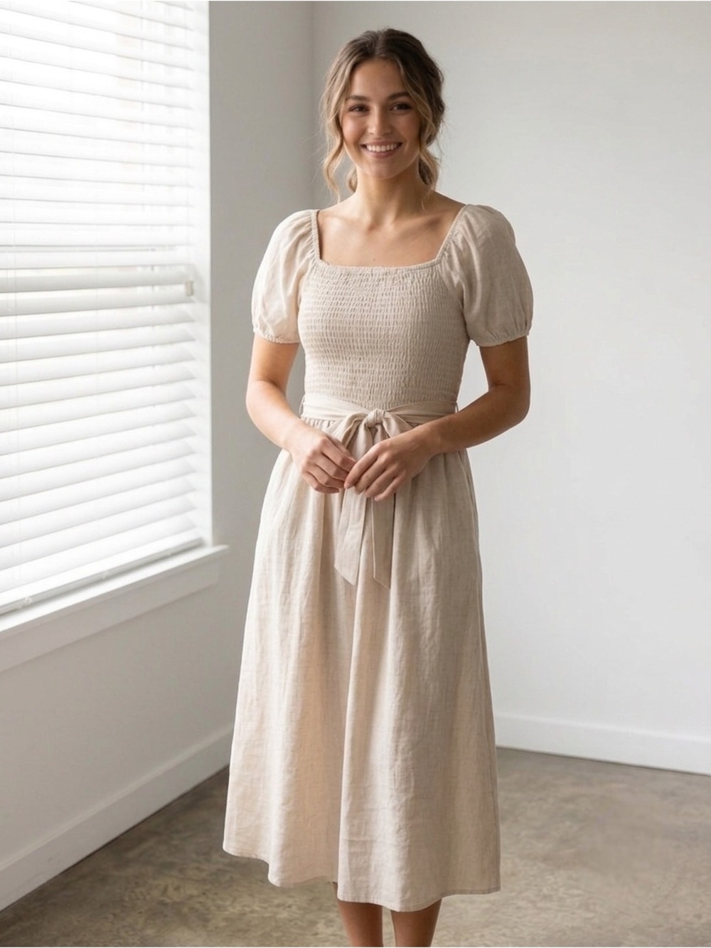 Cream Smocked Midi Dress with Waist Tie